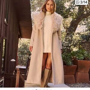 Vici Beige Long Coat with Faux Fur Collar